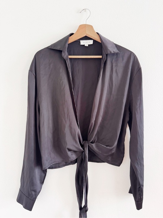 Mable Tops - Mable Black Satin Like Tie-Front Top Medium
